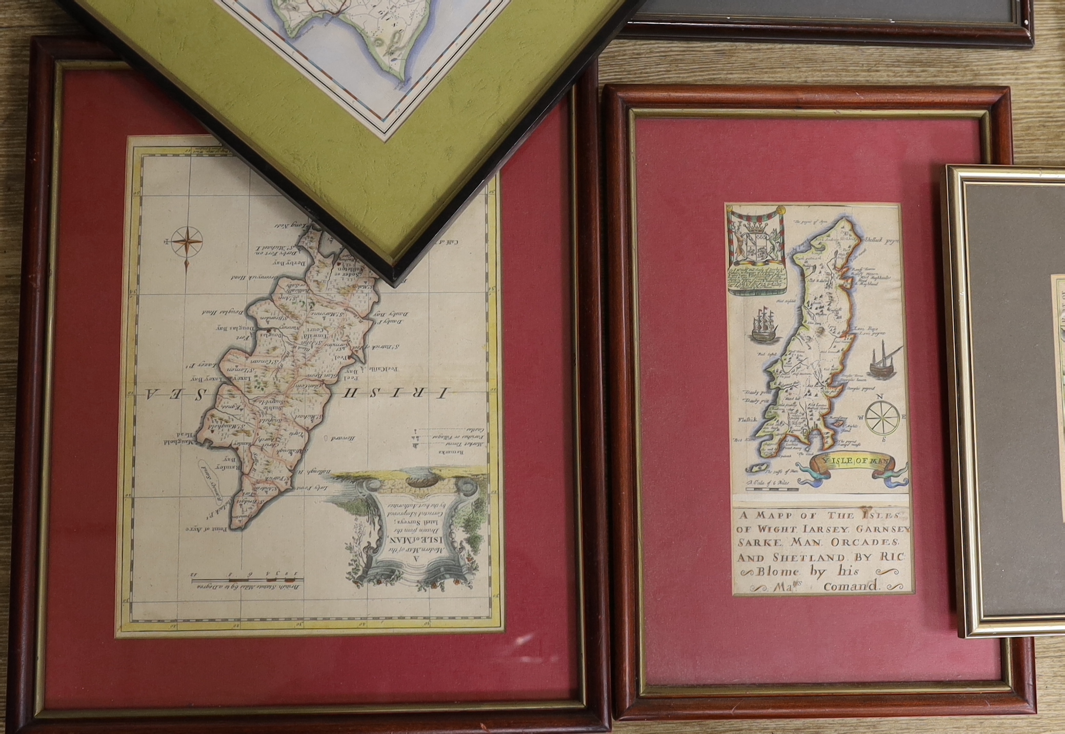 Twelve antique and later maps of the Isle of Man, including examples by Robert Sayer, Herman Moll and Richard Blome, mostly hand coloured, largest 38 x 28cm